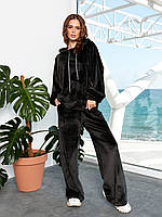 Женский велюровый черный спортивный костюм Оверсайз худи и штаны