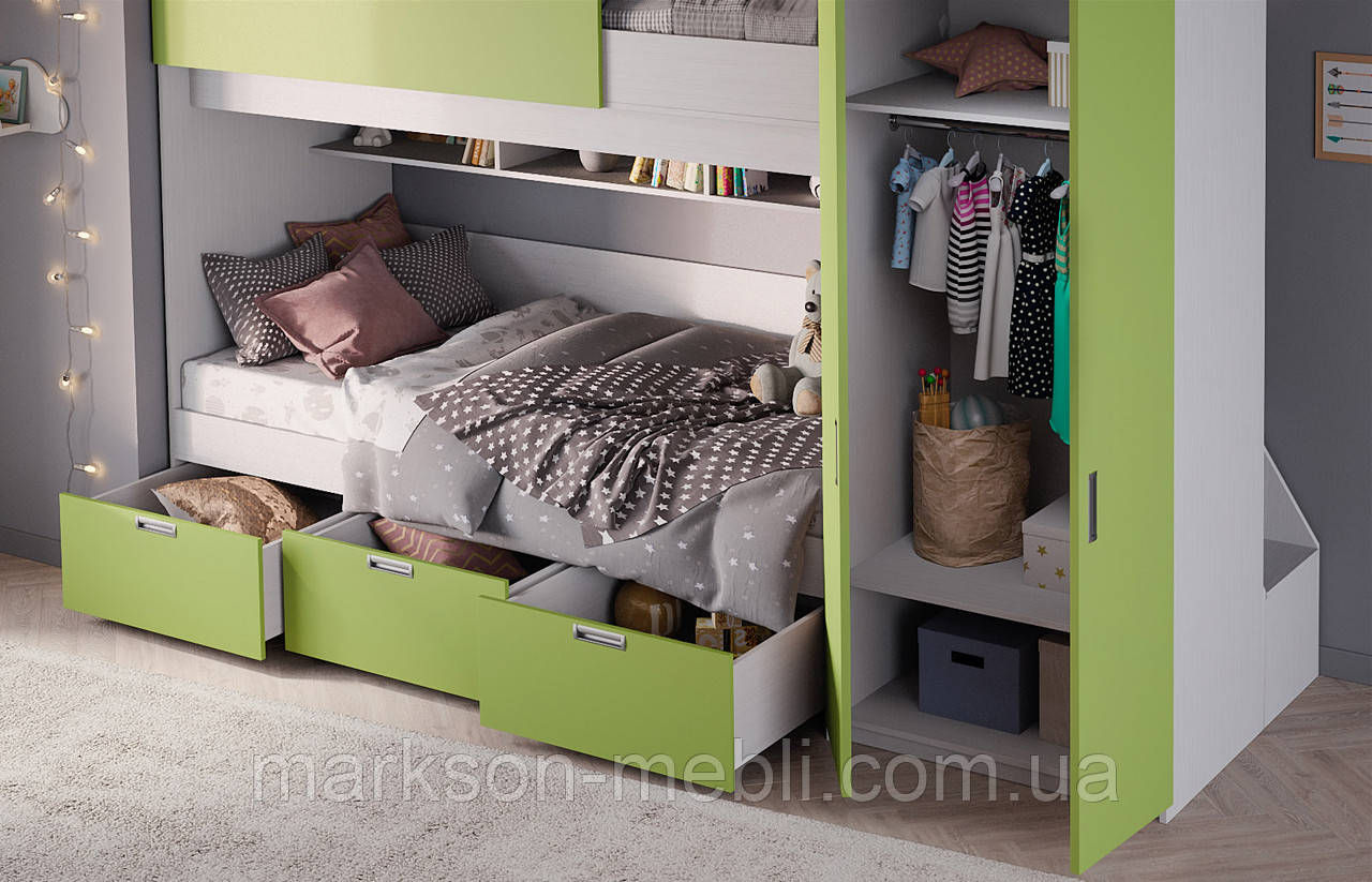 Двухъярусная кровать с шкафом для одежды в зеленом цвете Markson 4 - фото 3 - id-p1715755470