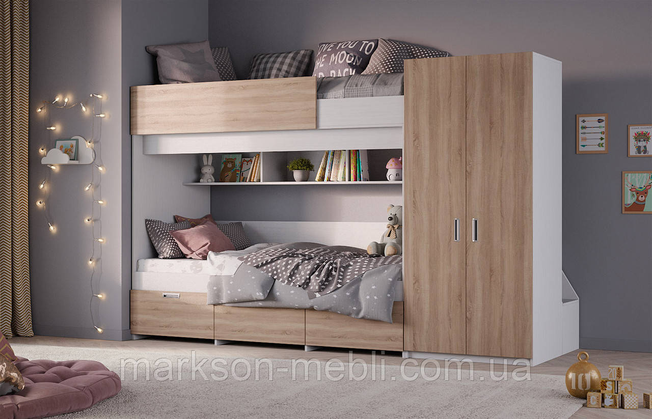 Двухъярусная кровать с шкафом для одежды в цвете дубсанома MS703 - фото 1 - id-p1715757749