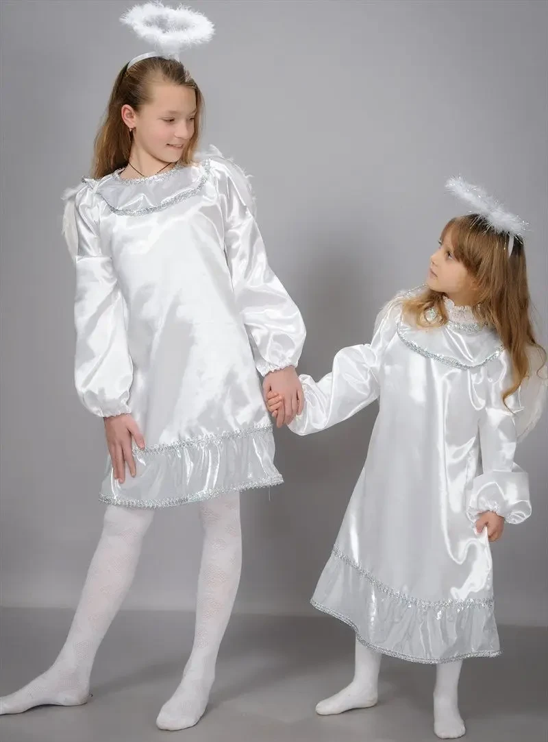 Новорічний карнавальний костюм ангела з німбом для дівчаток з білого атласу 30-36 р