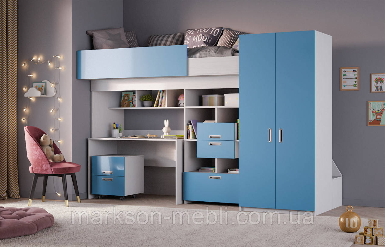 Ліжко зі столом та шафою для одягу в блакитному кольорі MS704