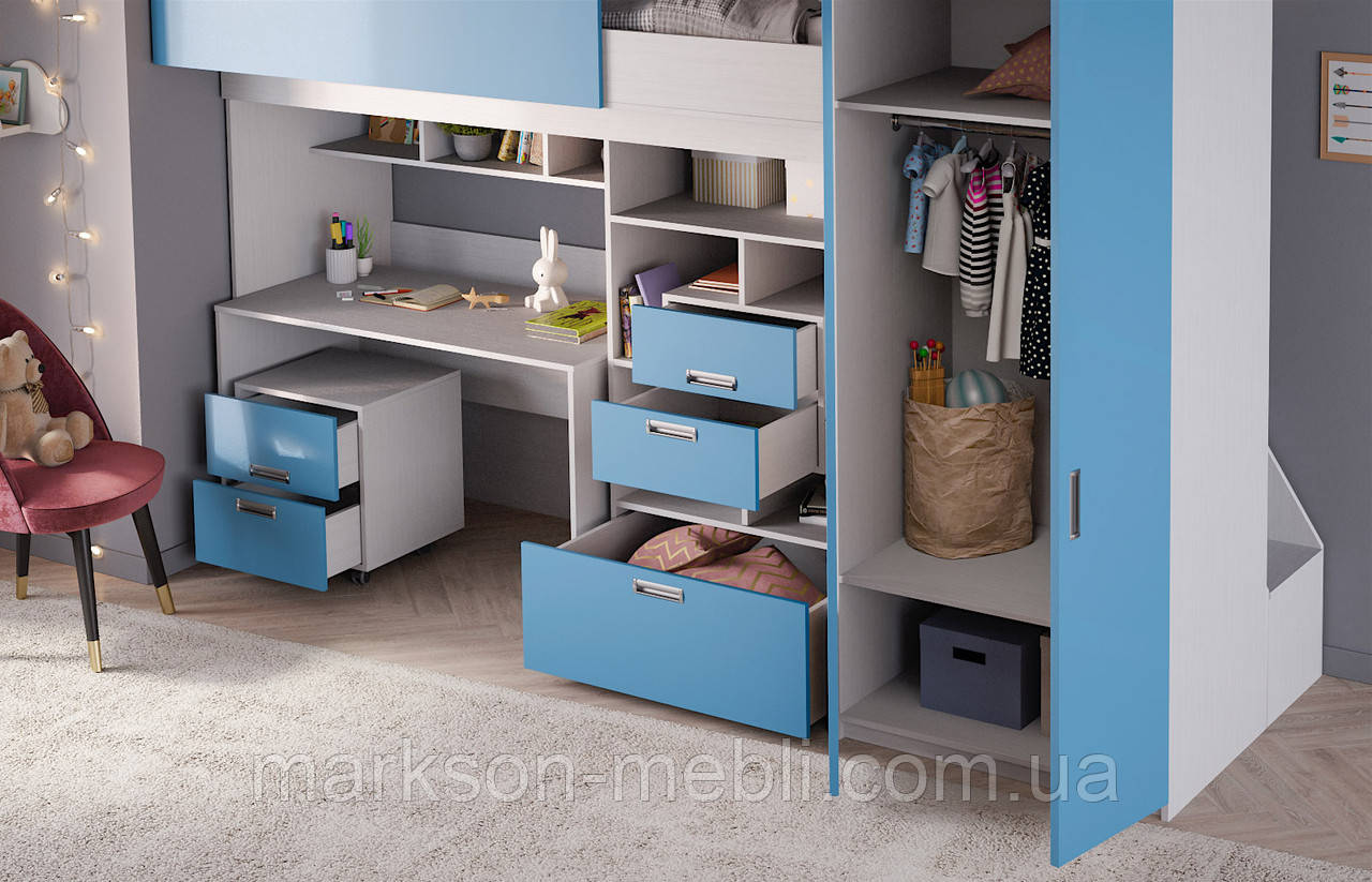 Кровать со столом и шкафом для одежды в голубом цвете MS704 - фото 3 - id-p1715763954