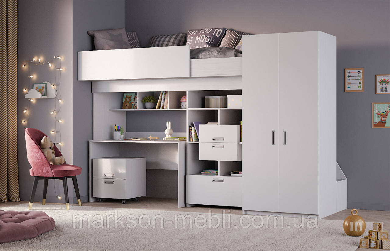 Ліжко зі столом та шафою для одягу в білому кольорі MS704