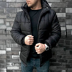 Чоловіча тепла куртка пуховик з капюшоном, зимова куртка на флісі чорна, коротка вологозахисна для чоловіків