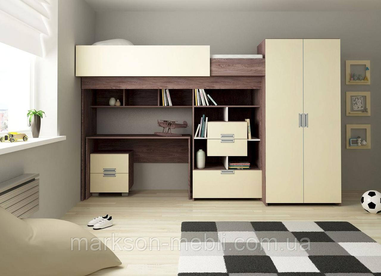 Ліжко зі столом та шафою для одягу в ванільному кольорі MS704