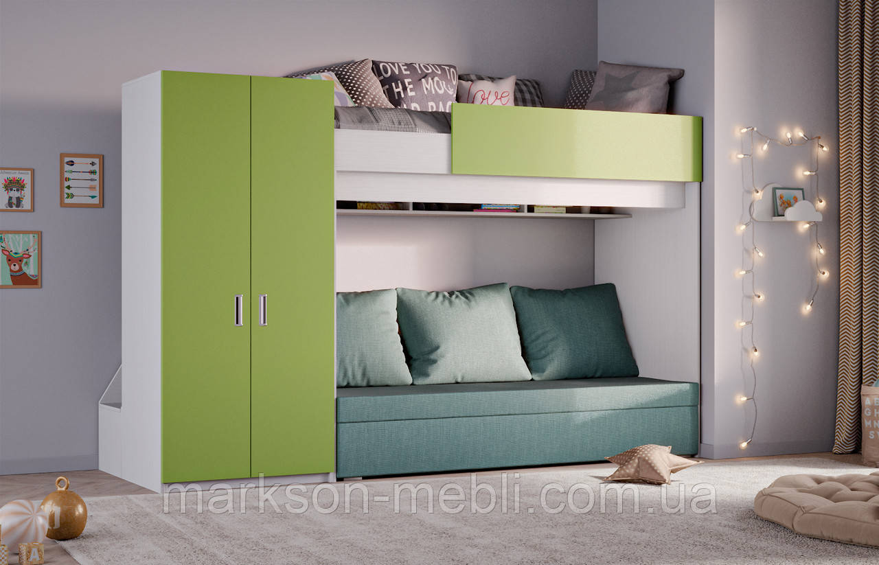 Двоярусне ліжко з диваном і шафою для одягу в зеленому кольорі MS705