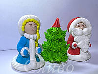 Новогодний набор фигурки сахарные съедобные декор на торт набор Дед Мороз ,Снегурочка и Елка объемные