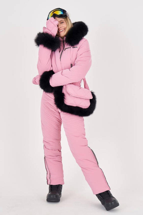 Оригінальний зимовий комбінезон жіночий рожевий із рукавичками та сумкою в комплекті DD/-1324, фото 2
