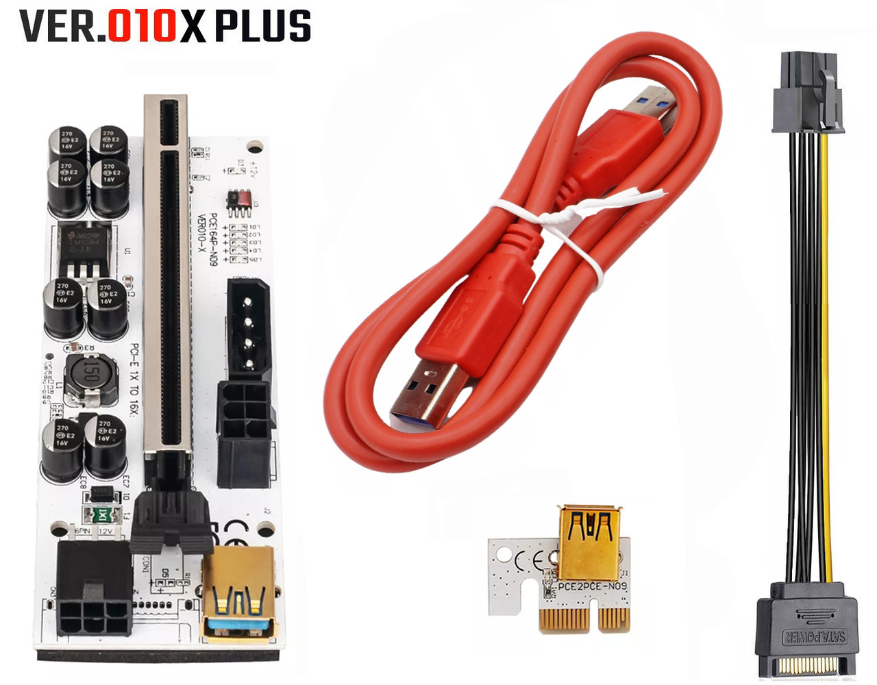 Райзер Riser VER 010x plus, PCI-E 1x to 16x, 60см, 6pin, sata, molex, led 009s, 8 cap