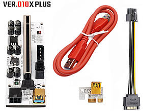 Райзер Riser VER 010x plus, PCI-E 1x to 16x, 60см, 6pin, sata, molex, led 009s, 8 cap