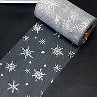 Фатин с фольгированным узором снежинки, серый, 12 см