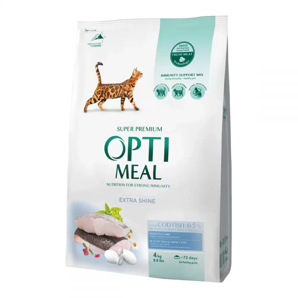 Optimeal Adult Extra Shine Cod Fish Оптиміл корм для блискучої шерсті котів з тріскою 4 кг