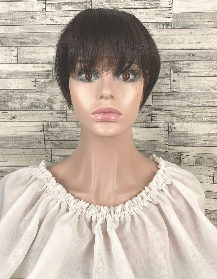 Накладка чубчик з натуральних волосся темно-коричневого кольору з імітациєю росту волосся пряма, фото 1