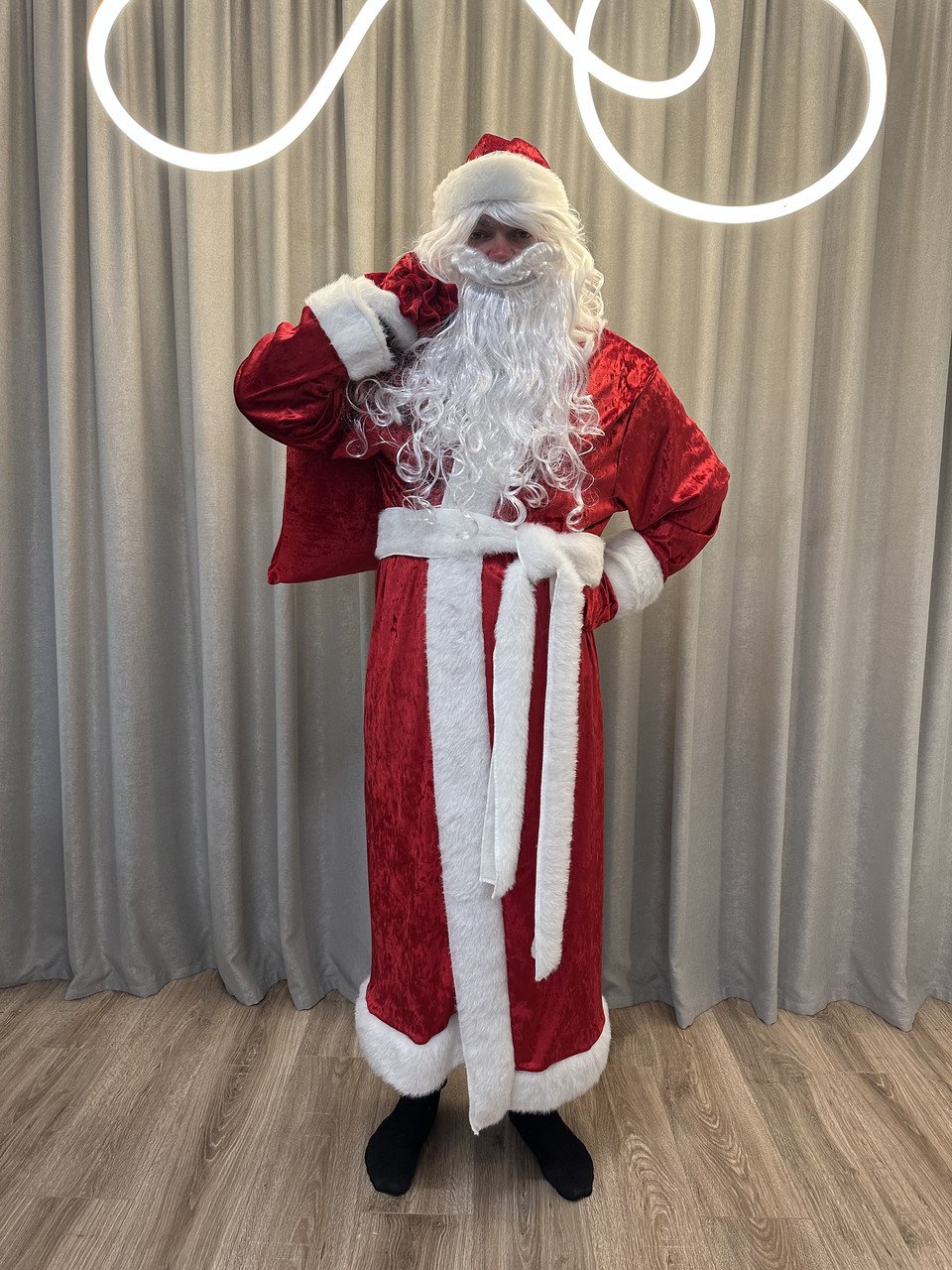 Костюм Діда Мороза, велюровий костюм, новорічний костюм Дід Мороз, червоний Дід Мороз, фото 1