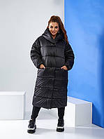 НОВИНКА! Довге жіноче стильне пальто-ковдра на блискавці та кнопках батал арт. А521 чорне глянцеве/ чорний