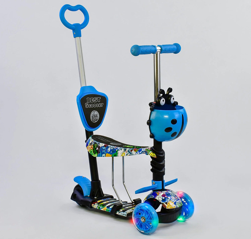 Самокат триколісний 5в1 Best Scooter 69750 колеса PU-120/100 мм, з підсвічуванням, блакитний, фото 1