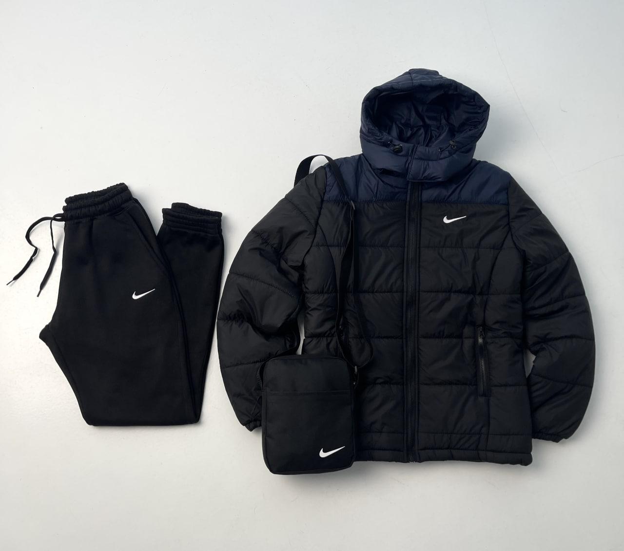 Комплект чоловічий зимовий Nike Cl до -25°C куртка чоловіча зимова штани на флісі костюм найк зима чорно-синій, фото 1