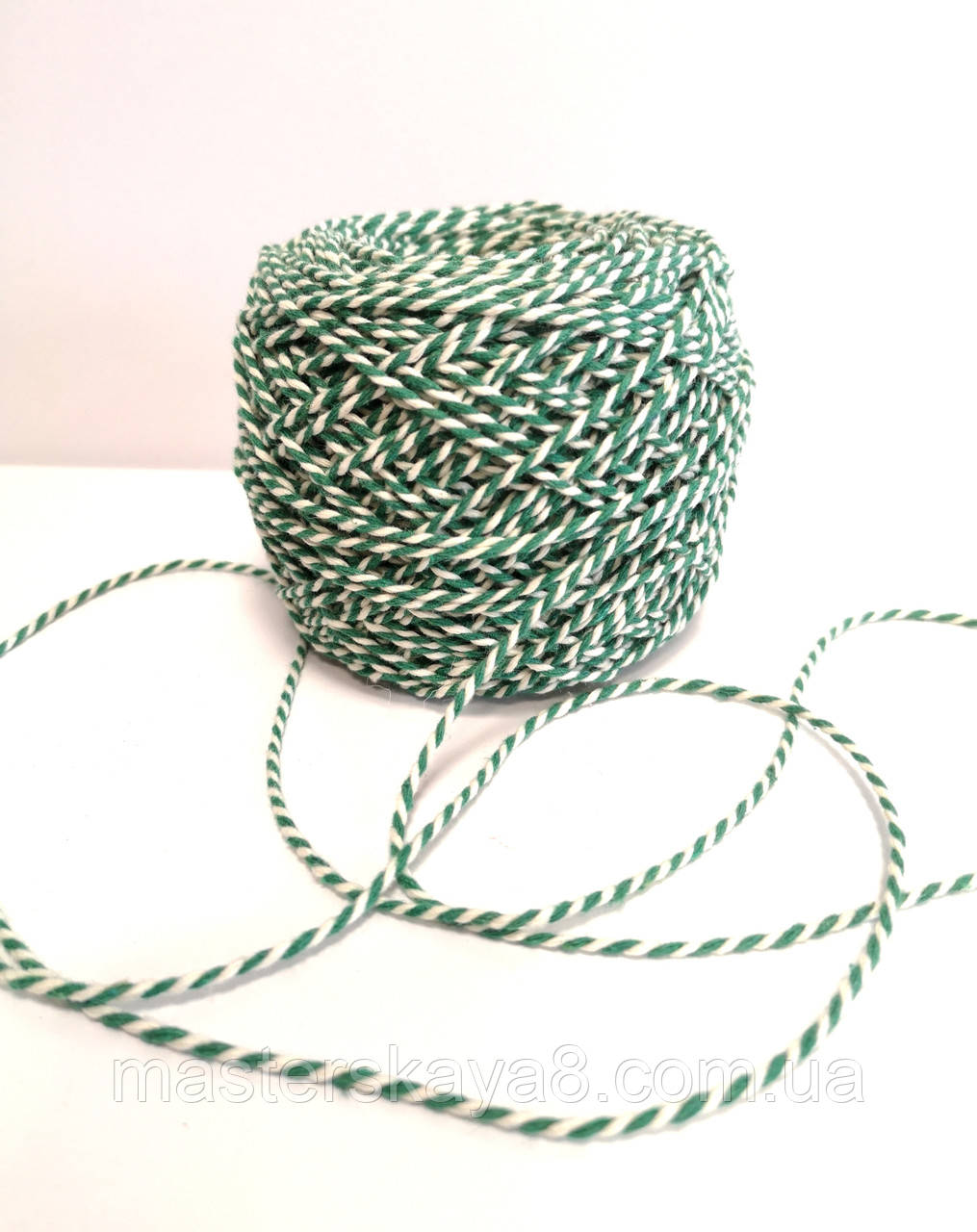Кольоровий шнур 60 м, декоративна нитка для упаковки, шпагат зелений з білим