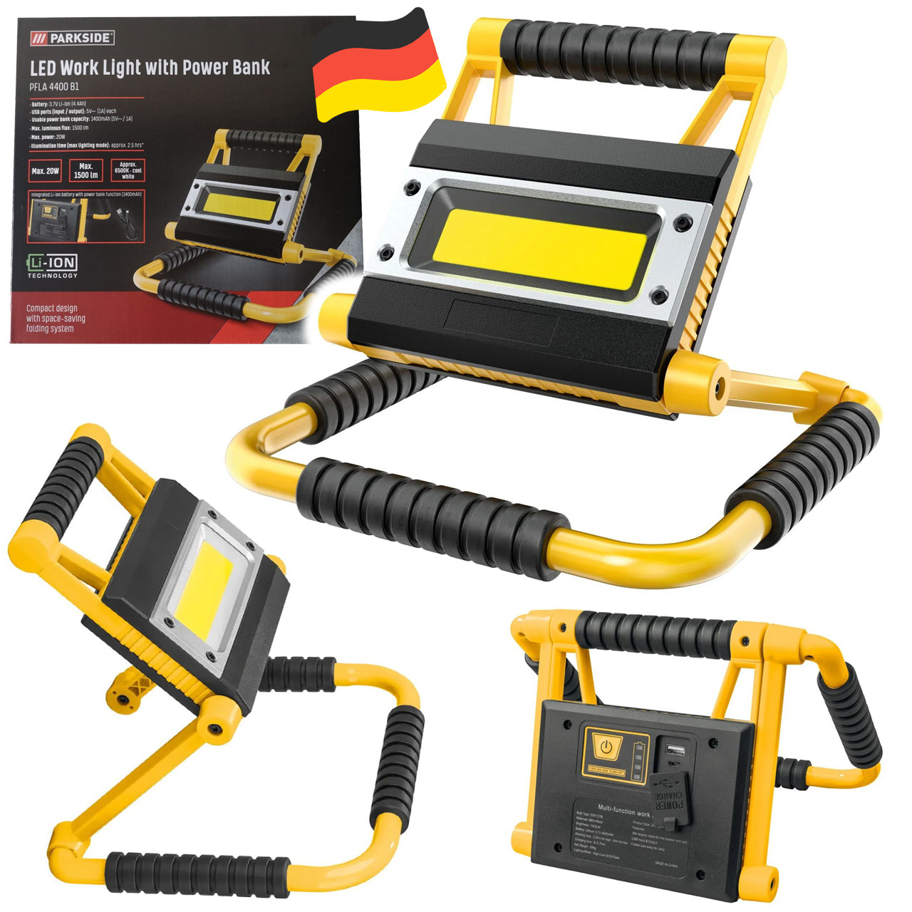 Потужний акумуляторний прожектор Parkside PFLA 4400 B1 з вбудованим Power-банком (20 Вт, Німеччина), фото 1