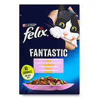 FELIX FANTASTIC З фореллю та зеленими бобами. Шматочки у желе. Консервований повнораціонний корм для котів 85