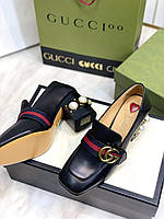 Туфли кожаные на толстом каблуке Gucci в белом и черном цвете
