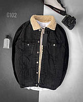 Теплая мужская джинсовая куртка пиджак на овчине черная