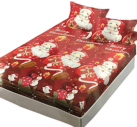 Набір (Сатін) | Простирадло на резинці двоспальне і дві наволочки 50х70 "Новорічний 3"