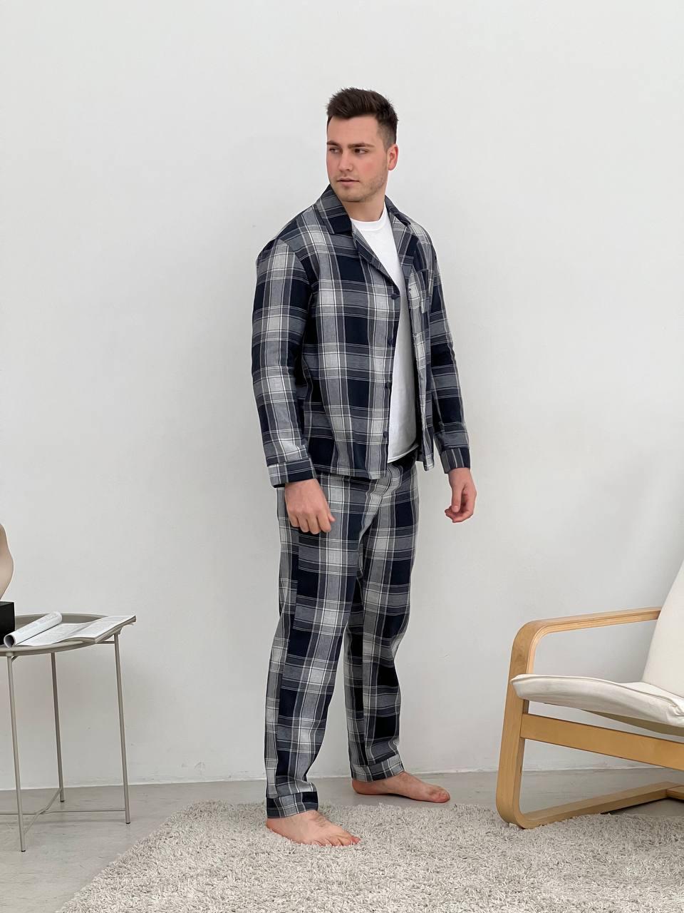 Тепла зимова фланелева чоловіча піжама-трійка штани сорочка та футб одяг для дому та сну темно-синій, фото 1