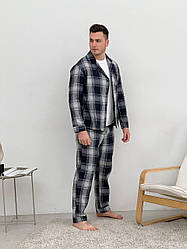 Тепла зимова фланелева чоловіча піжама-трійка штани сорочка та футб одяг для дому та сну темно-синій