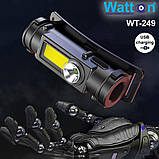 Ліхтар непромокальний акумуляторний налобний WATTON WT-249 на 150 люмен з вбудованою перезарядною батареєю, фото 9