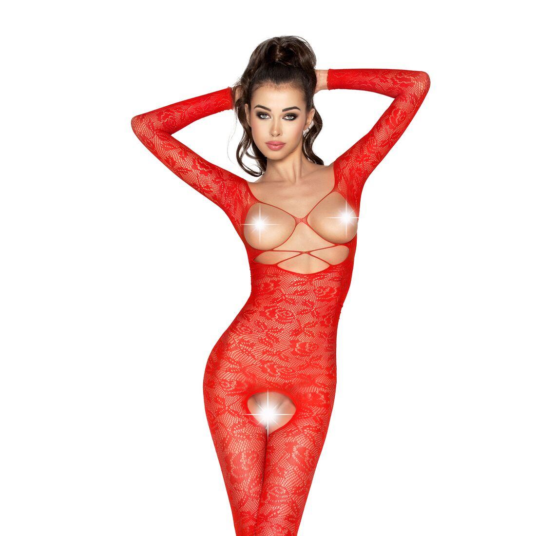 Бодистокінг Passion BS031 red, комбінезон із відкритою грудьми