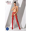 Еротичні колготки-бодістокінги Passion S023 One Size, Red, імітація панчіх з ромбами та пояском, фото 2