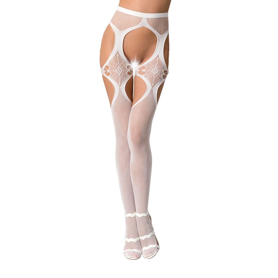 Еротичні колготки-бодістокінги Passion S023 One Size, White, імітація панчіх з ромбами та пояском, фото 1