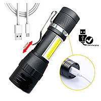 Ліхтарик LED ручний акумуляторний ліхтар micro USB+COB