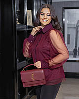 Женская бордовая стильная блуза с рукавами из сетки большие размеры