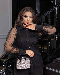 Жіноча стильна чорна блуза з рукавами з сітки великі розміри