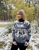 Жіночий новорічний светр з оленями темно-синій 3XL, 4XL, 5XL