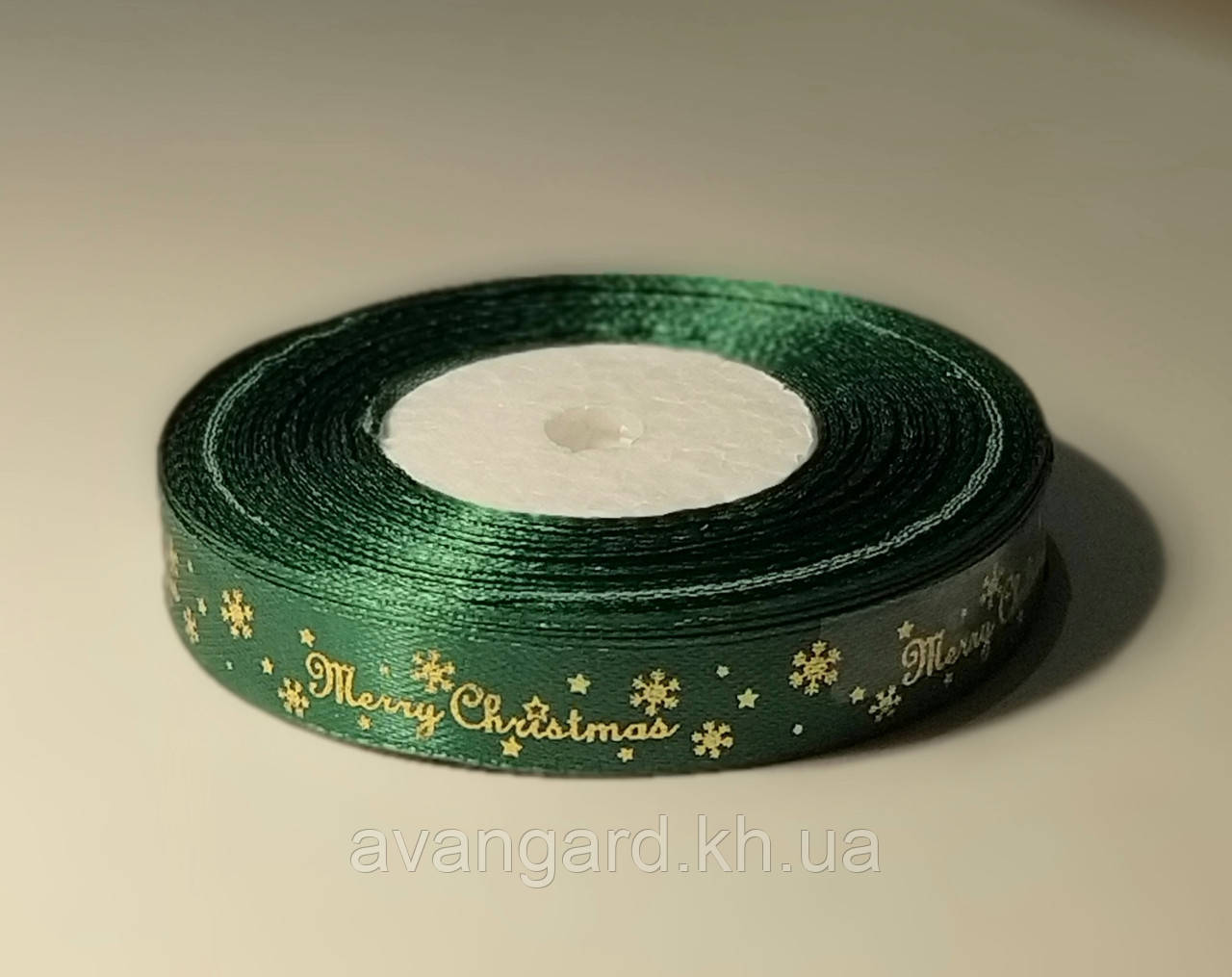 Стрічка атласна Merry Christmas зелена 12 мм