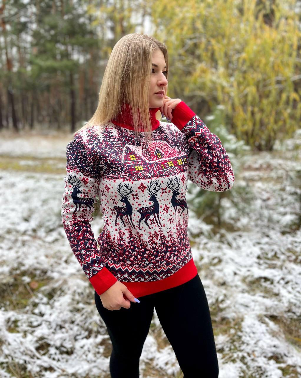 Жіночий новорічний светр з оленями червоний 3XL, 4XL, 5XL