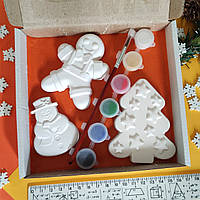 15*15 см Новорічні гіпсові фігурки з фарбами набір у коробці. Новорічні подарунки дітям у садок школу