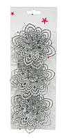 Цветок на клипсе для новогоднего декора, набор 3 шт. Jumi 10 см, серебристые 2541