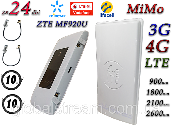 Повний комплект для 4G/LTE/3G c ZTE MF920u + Антена планшетна MIMO 2×24dbi (48 дб) 698-2690 МГц УКР!, фото 1