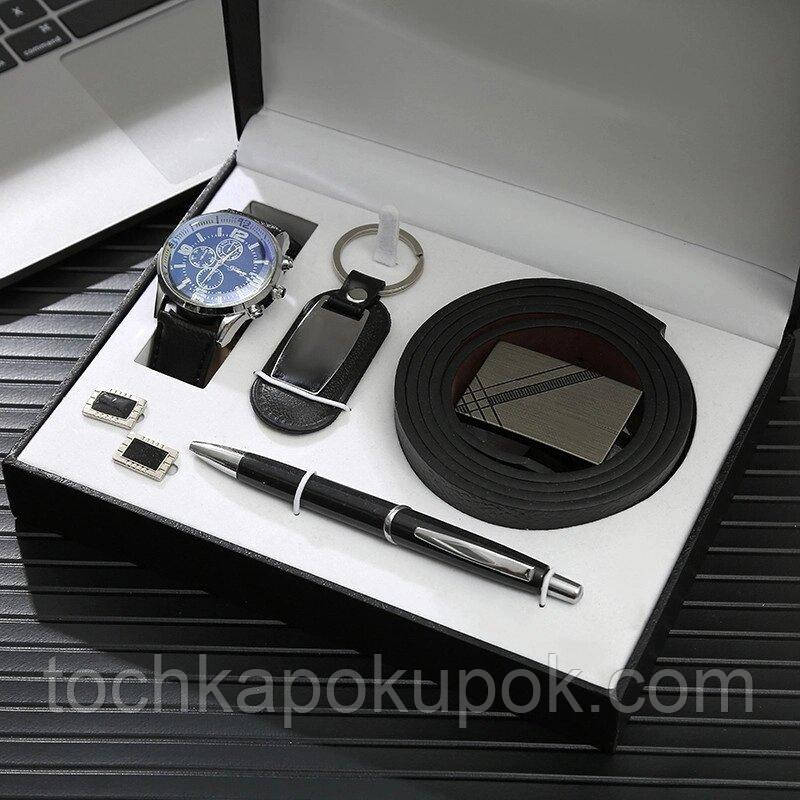Чоловічий подарунковий набір: ремінь, ручка, брелок, годинник, запонки M975