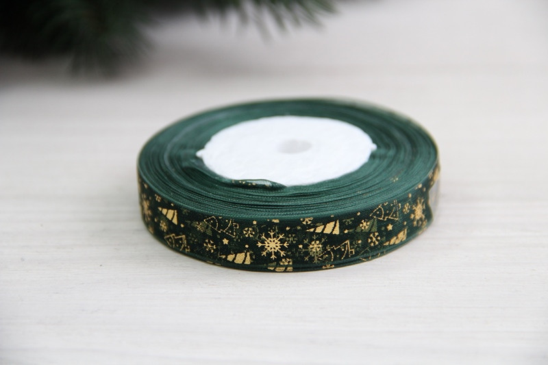Органза " Ялинки та сніжинки " 1.2 см темно зелена рулон 22.5 метри, фото 1
