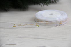 Органза   " Merry Christmas  та олені   "  1.2 см  біла  рулон 22.5 метри