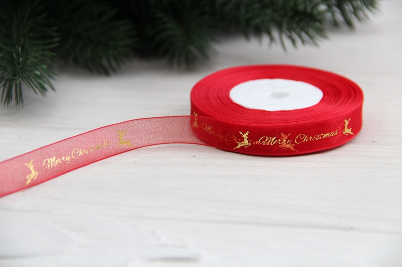 Органза " Merry Christmas та олені " 1.2 см червона рулон 22.5 метри