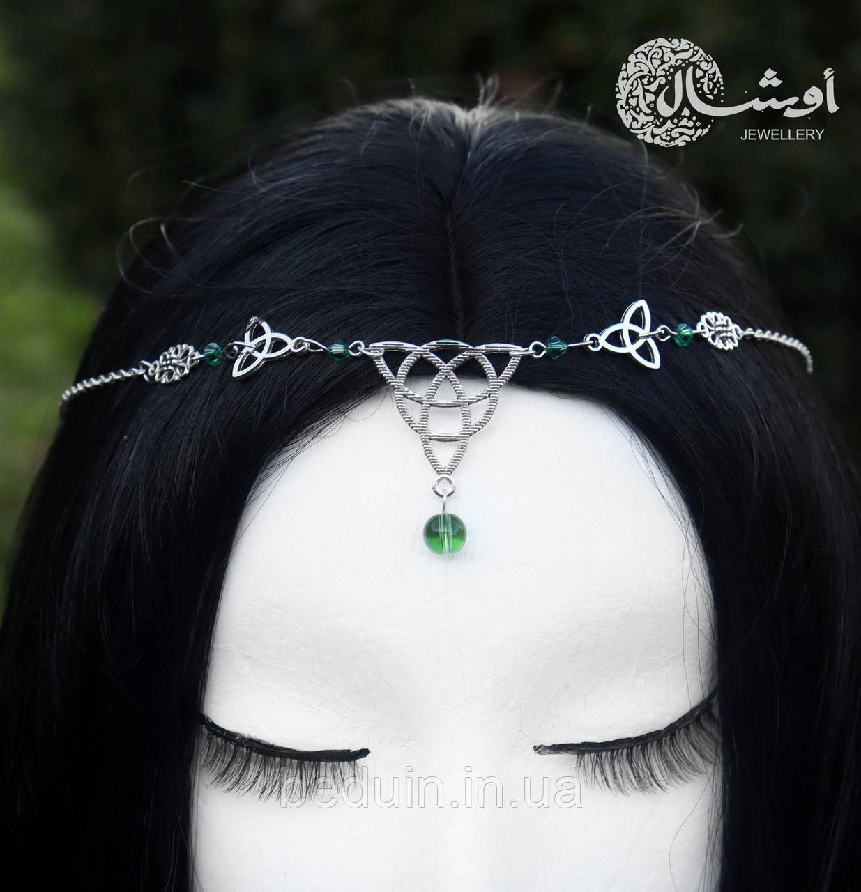Ельфійська тіара, прикраса на волосся "Хайді" тика — зелені намистини Aushal Jewellery