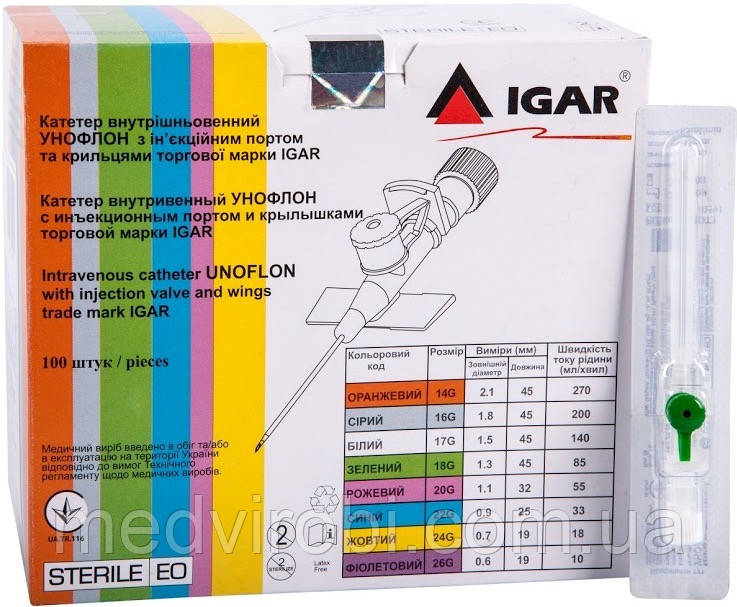 Катетер внутрішньовенний 24G УНОФЛОН ТМ IGAR, жовтий