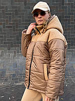 Женская куртка зимняя комбинированная размер Оверсайз с элементами искусственной овчины