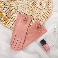 Перчатки женские сенсорные под замшу с меховым помпоном. Перчатки демисезонные (розовые)